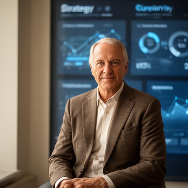 Confident CIO seated beside a strategy dashboard wall in a city office with a calm, board-ready expression