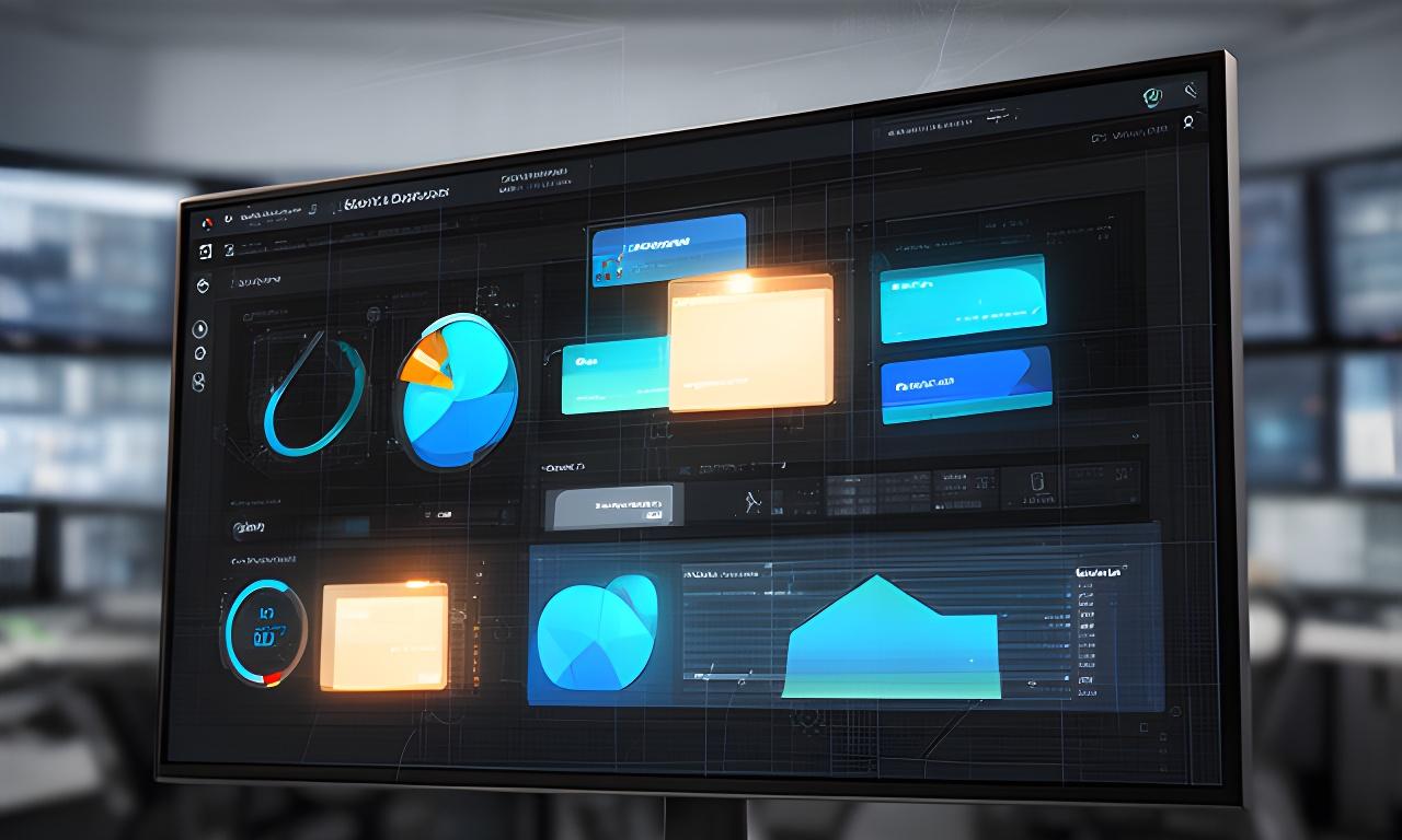 Annotated enterprise dashboard on a widescreen monitor showing KPI cards, regional charts, alerts, and forecast panels in a modern control-room setting