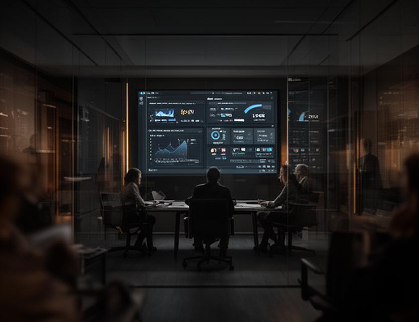 Enterprise analytics leaders reviewing a live dashboard in a dark glass meeting room with layered charts and boardroom reporting views
