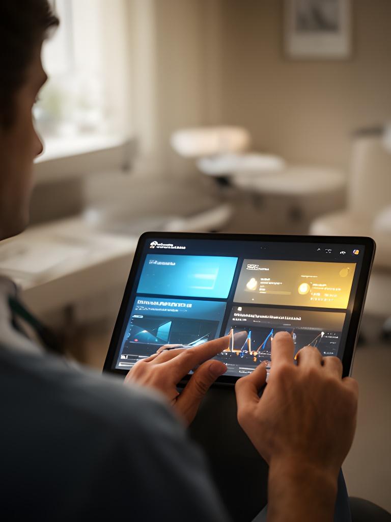Clinician reviewing a patient outcomes dashboard on a tablet in a calm private clinic room