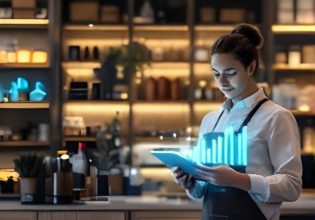 Retail manager reviewing a glowing stock dashboard on a tablet beside neatly arranged café shelves