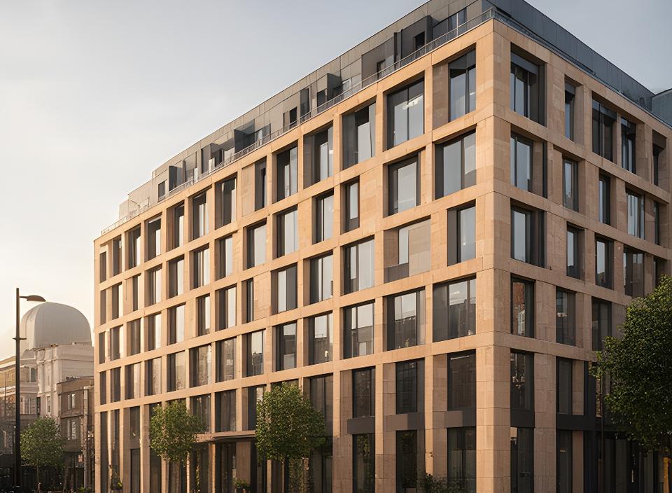 Modern office exterior near London Bridge with warm stone frontage and clear signage