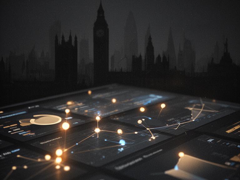 Dark analytical dashboard beside a London skyline silhouette with glowing yield data points and postcode overlays