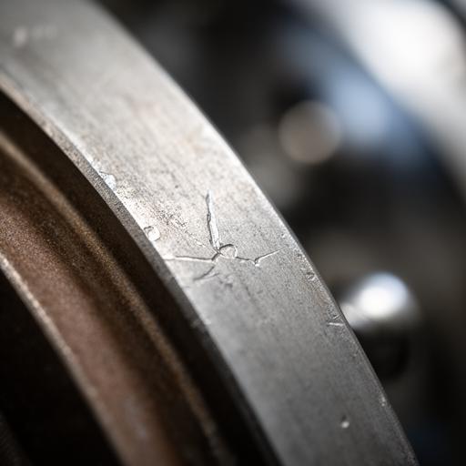 Close-up of a metal component with surface defects under inspection lighting