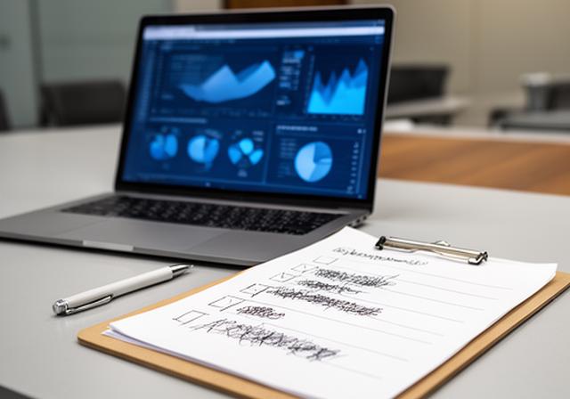 Retail operations checklist beside a laptop with charts and handwritten notes in a meeting room
