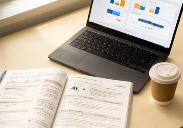 Printed guide and laptop on a desk beside a coffee cup, showing a dashboard planning checklist