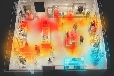 Retail footfall heat map over a boutique store floorplan with hourly traffic hotspots