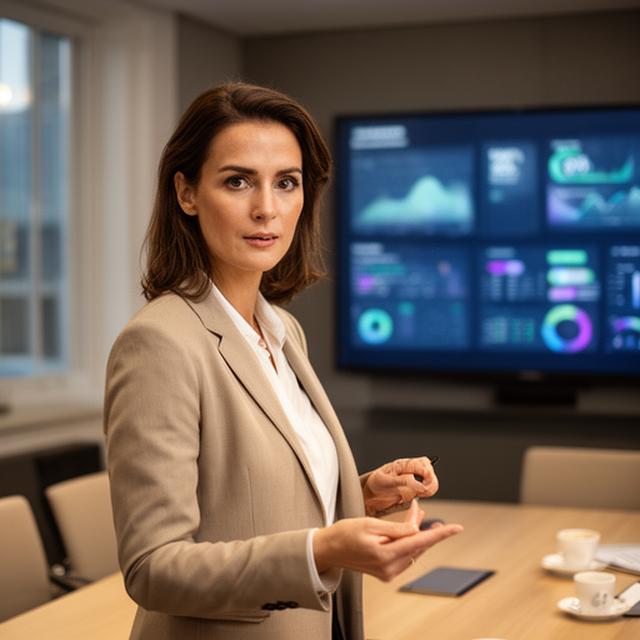 Chief executive reviewing a live analytics board in a modern London meeting room