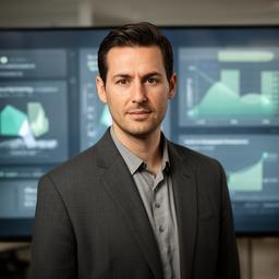 Portrait of Ceaden Eshetu standing in an office with analytics charts displayed on screens behind him