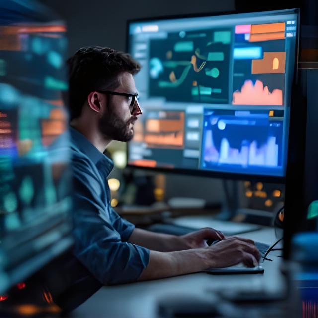 Technical director working with data architecture diagrams beside multiple monitors