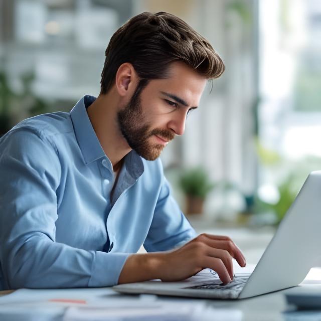 Lead data scientist studying visual models on a laptop in a bright workspace