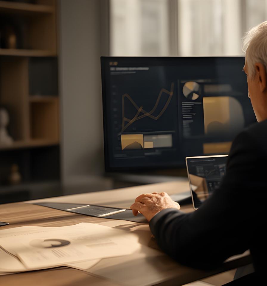 Senior analyst reviewing a dashboard agreement in a London office with charts on a wide monitor